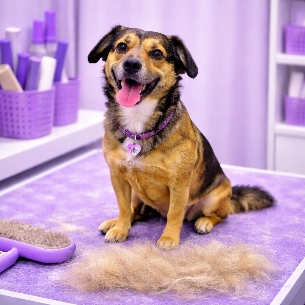 Perro feliz en mesa de peluquería
